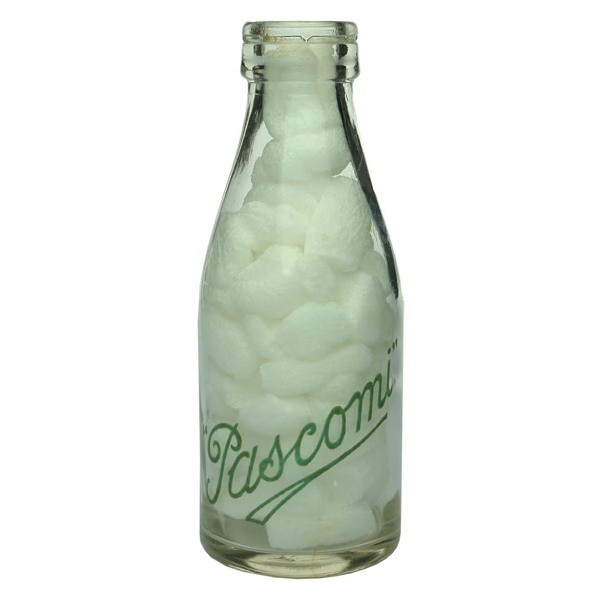 Ceramic Label Milk. Pascomi. Westralian Farmers Limited. Green print. 10 oz. (Western Australia)