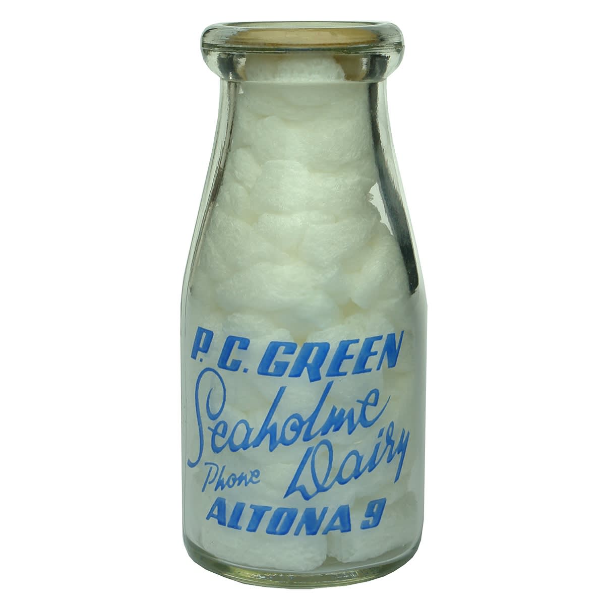 Ceramic Label Milk. P. C. Green, Seaholme Dairy, Altona. Half Pint. Blue Print. (Victoria)