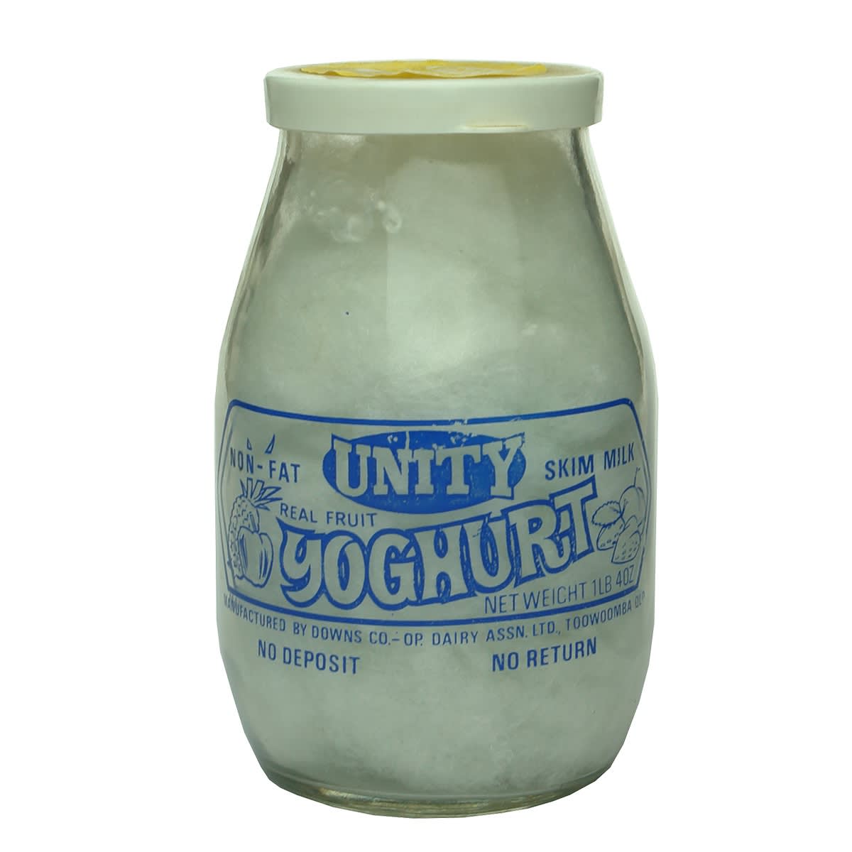 Ceramic Label Yoghurt. Unity Yoghurt, Downs Co-Op Dairy Assn Ltd, Toowoomba. Blue Print. 1 Lb 4 Oz. (Queensland)