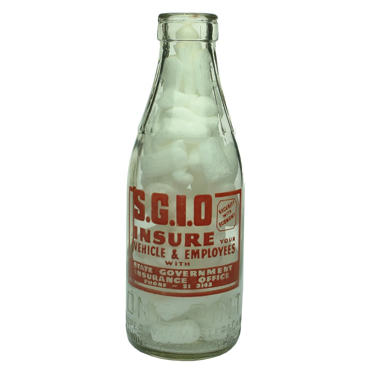 Ceramic Label Advertising Milk. SGIO. State Government Insurance Office. Masters Dairy. Pint. (Western Australia)