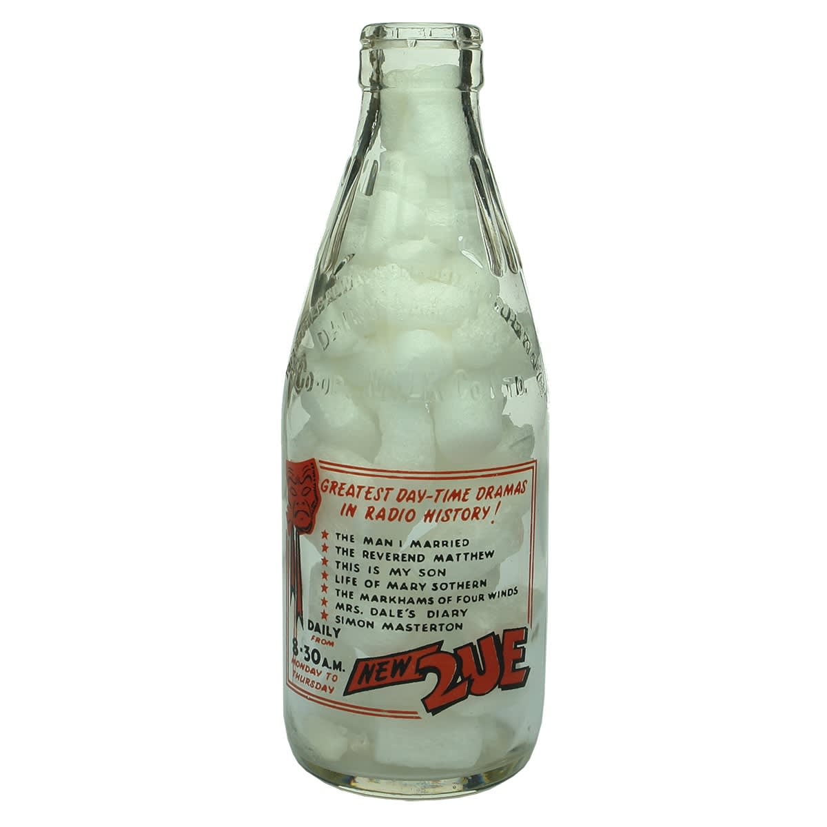 Ceramic Label Advertising Milk. 2UE. Greatest Day-time Dramas in Radio History!  Dairy Farmers Co-op Milk Co. Ltd. (New South Wales)