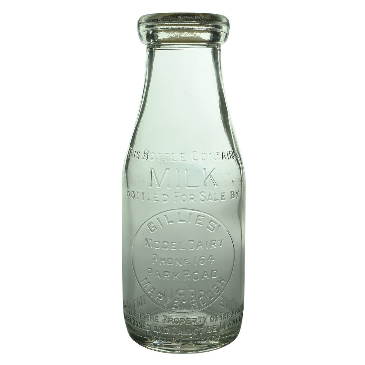 Milk. Gillies' Model Dairy, Park Road, Maryborough. Base Number: 586. Pint. (Victoria)