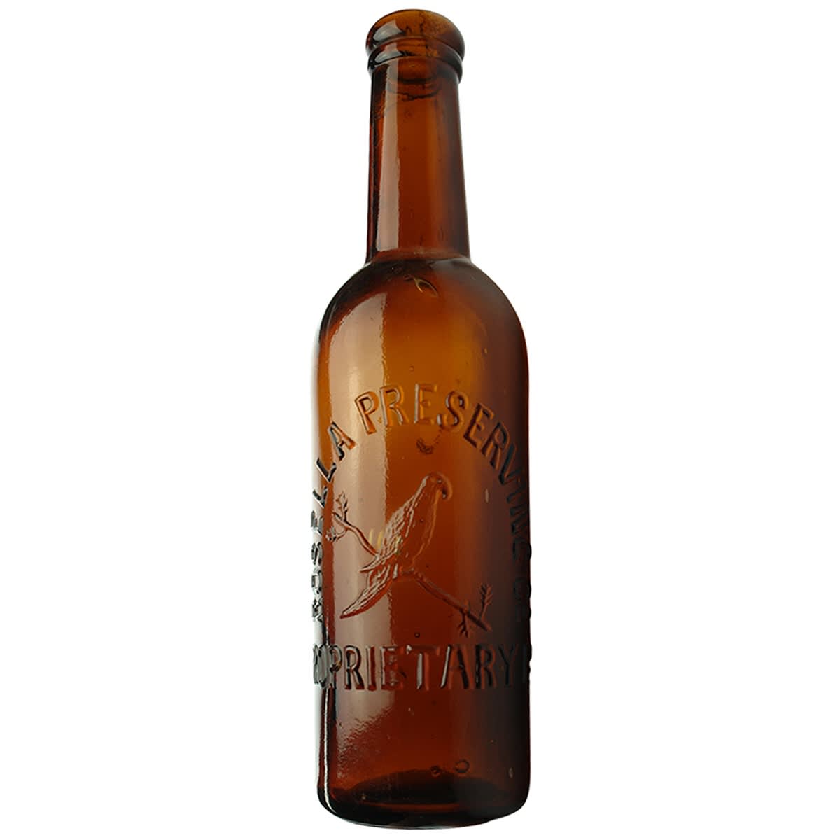 Chutney. Rosella Preserving Co, Rosella on branch. Amber. 26 oz. (Victoria). (Late Kingsley Durdin Collection)