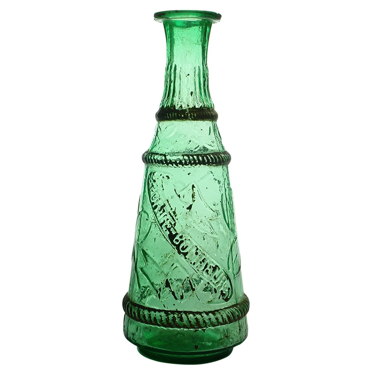 Sauce. Porte-Bonheur. Green tapered ornate bottle with three leaf clovers around bottle - and one four leaf clover! Possible pontil. (France)