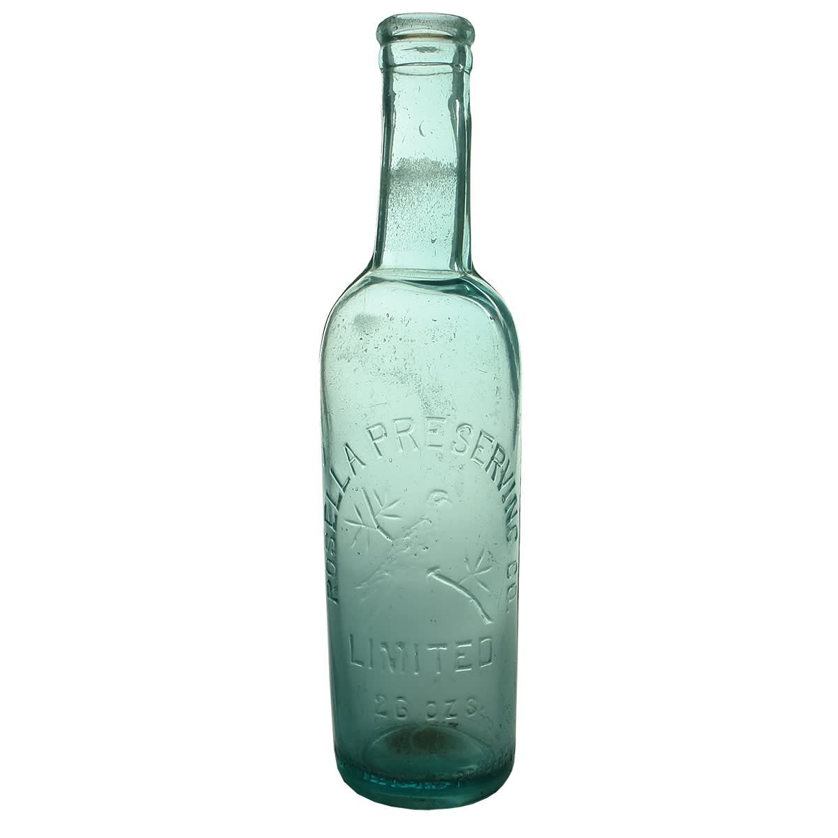 Sauce or Chutney. Rosella Preserving Co Ltd. Aqua. Embossing around base variety. 26 oz.