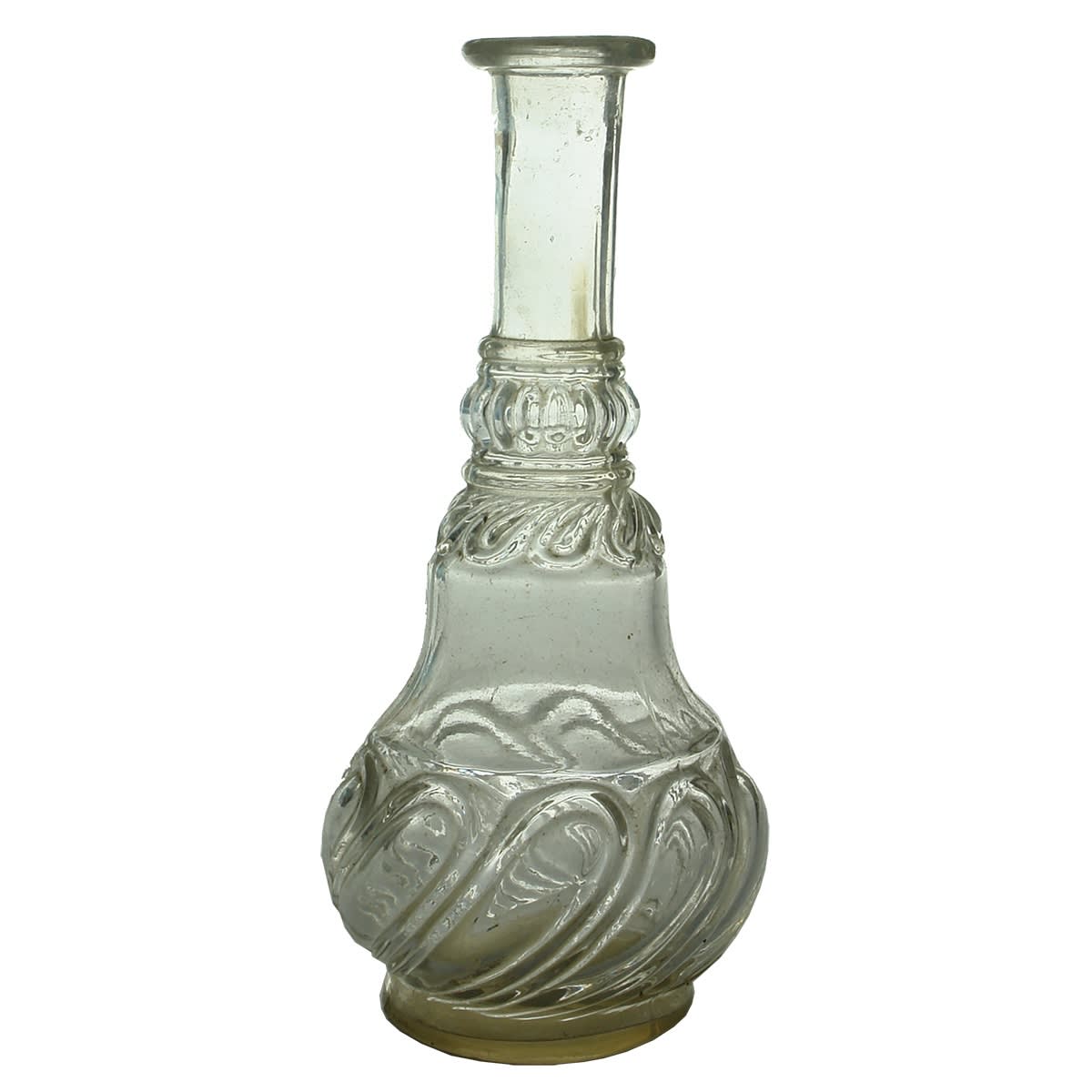 Vinegar. Ornate bulbous design with looped patterns to neck, shoulder and base. Clear.