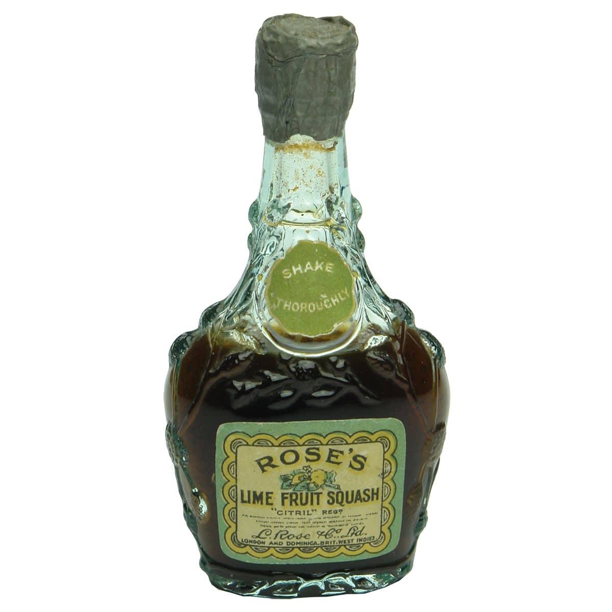 Sample Cordial. Roses - L. Rose & Co. Bladder shape. Original Labels and Contents! Aqua. 1 oz.