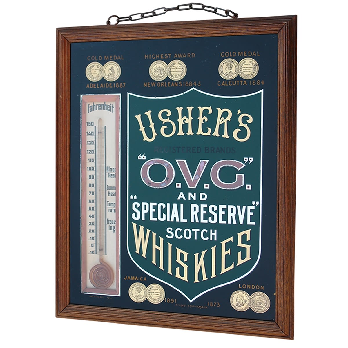 Whisky. Usher's "O.V.G." and "Special Reserve" Scotch Whiskies. Framed advertising "mirror" and thermometer. (United Kingdom) (This is from the late Kingsley Durdin collection)