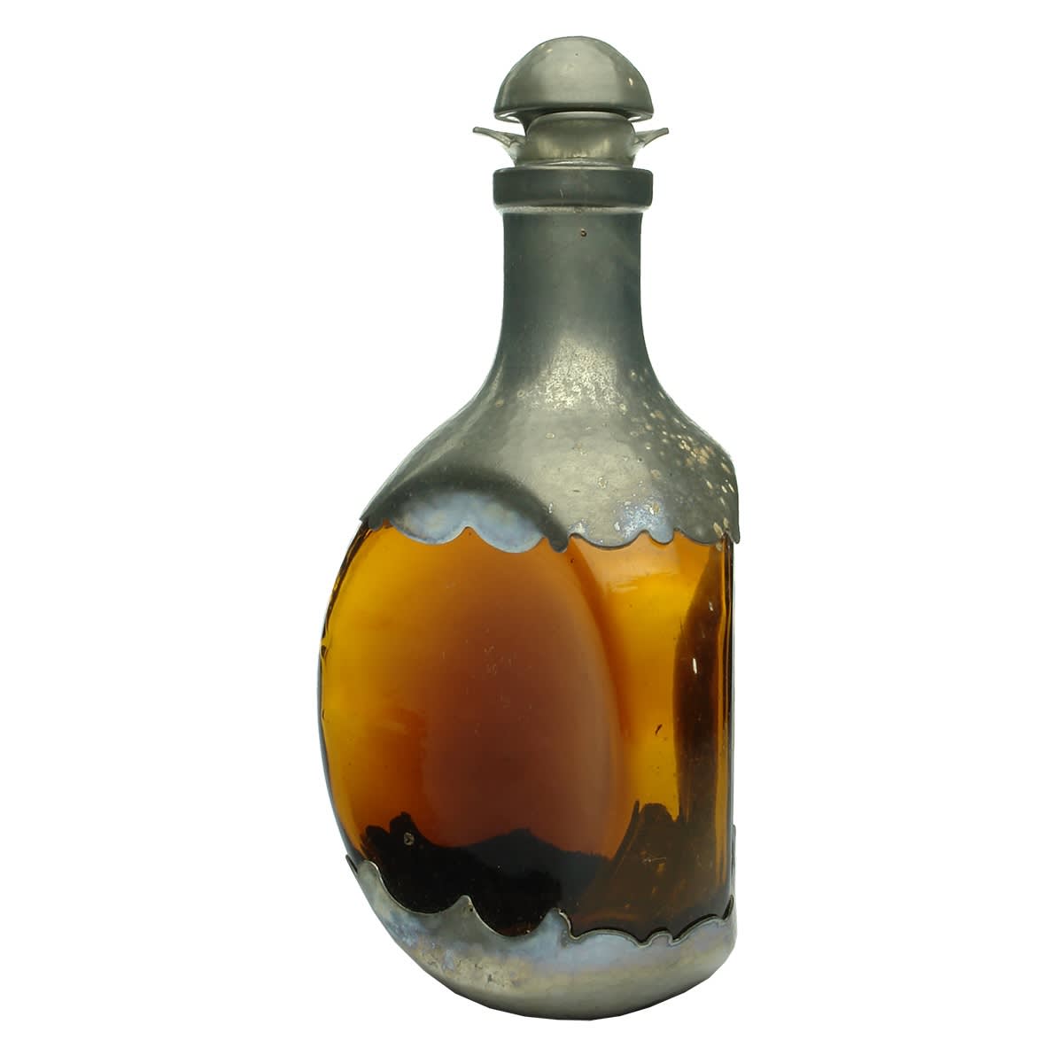 Whiskey. "Dimple" whiskey bottle with Royal Holland Pewter fittings. Amber. 1 Quart.