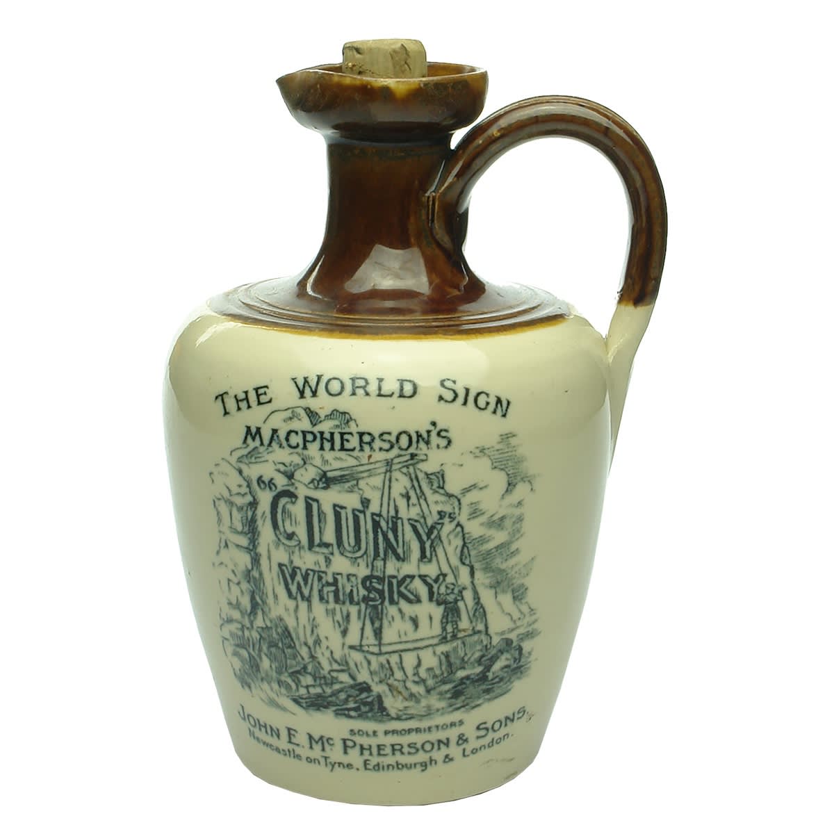 Whisky Jug. MacPherson's Cluny Whisky. The World Sign. John E. McPherson & Sons, Newcastle, Edinburgh & London.