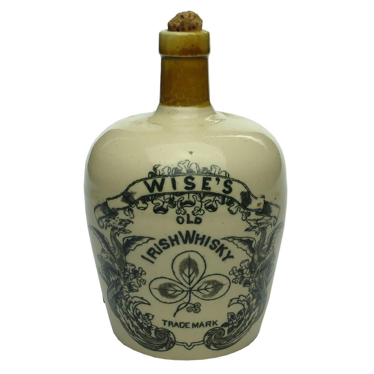 Whisky Jug. Wise's Old Irish Whisky. Shamrock. Stoneware.