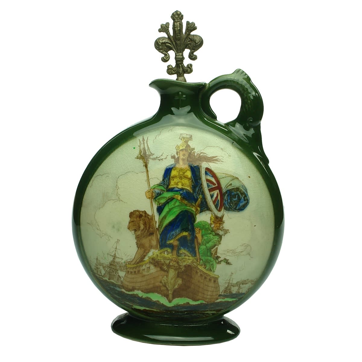 Kingsware Whisky Jug. Britannia. Dewar's Whisky. Decorative metal cork top, Feathers, Swords etc. Green background. Royal Doulton.