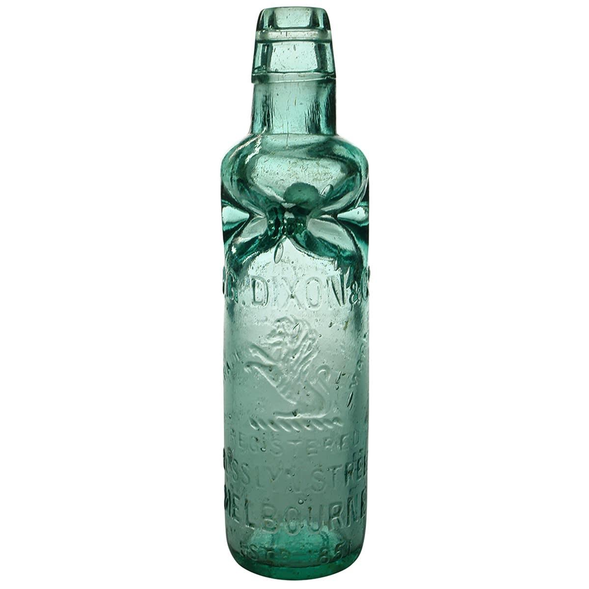 Patent. P. G. Dixon & Co, Melbourne. Exhibition embossing to back. Scott/Dixon Patent. Aqua. 10 oz. (Victoria)