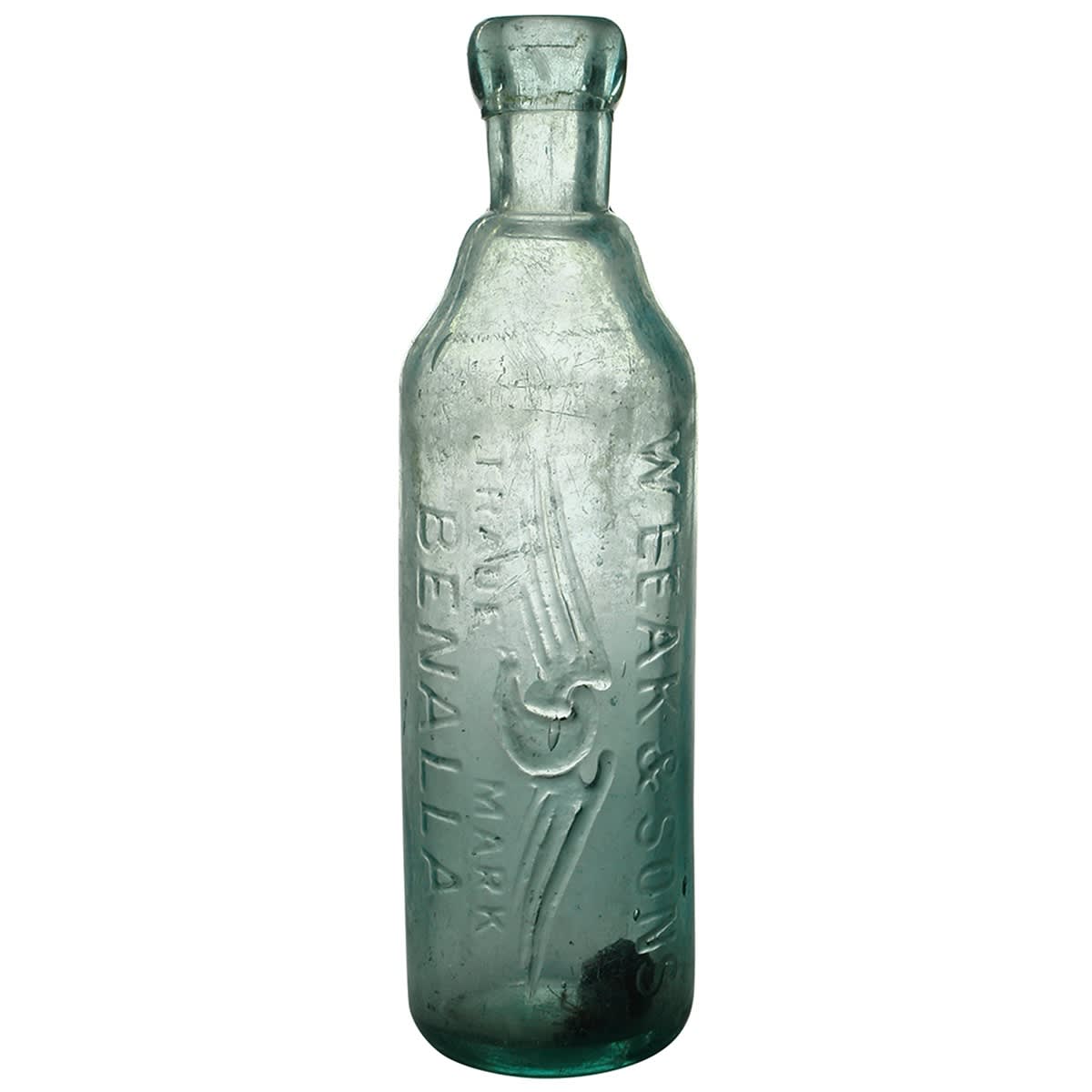 Patent Stick Bottle. W. Leak & Sons, Benalla. Aqua. 10 oz. (Victoria)