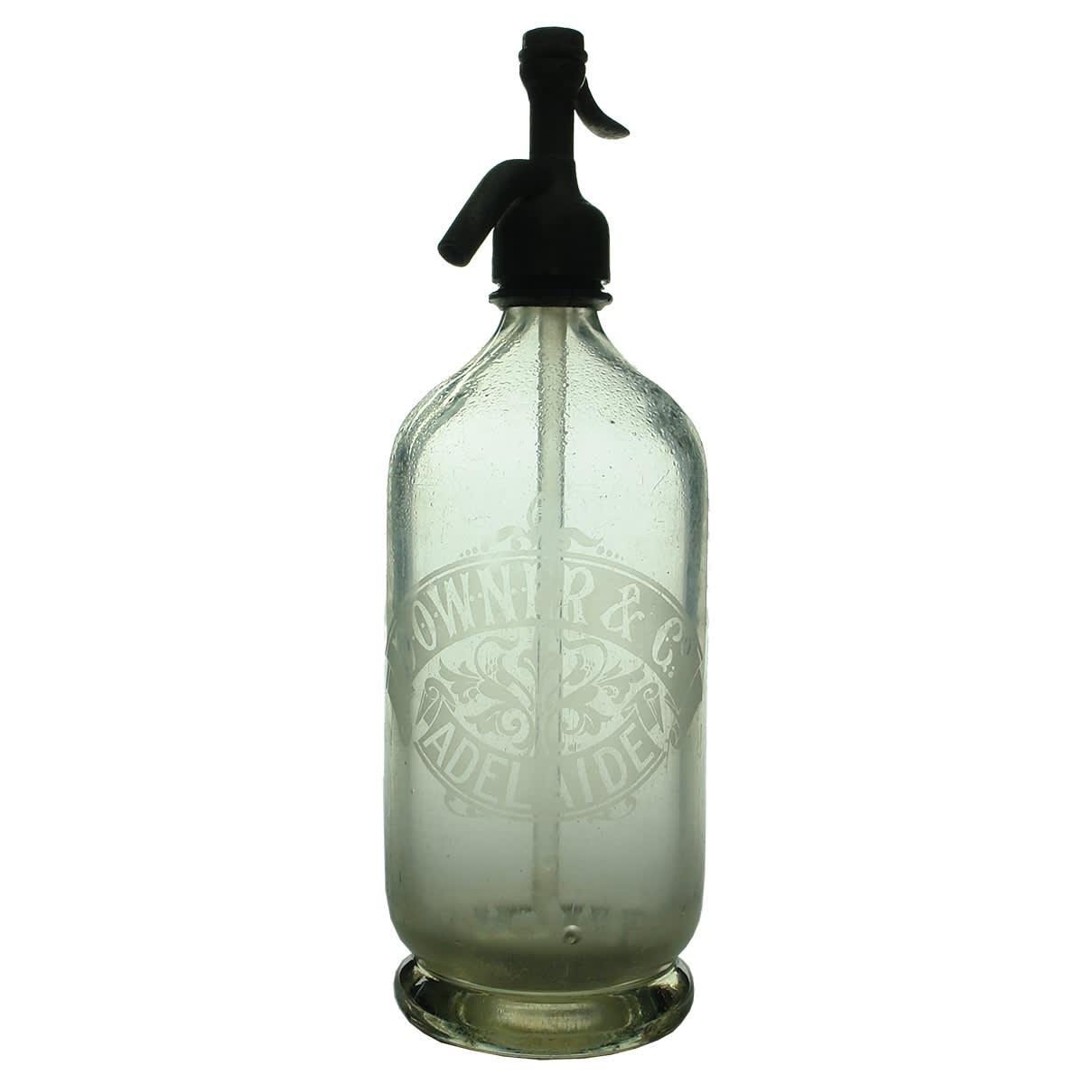Soda Syphon. Downer & Co., Adelaide. Without "Porcelain Lined" print. Clear. 30 oz. (South Australia)