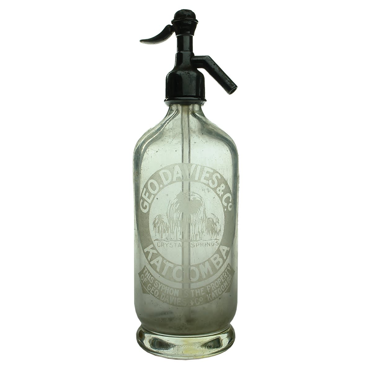 Soda syphon. Geo. Davies & Co, Katoomba. Crystal Springs pictorial. Round. Clear. (New South Wales)
