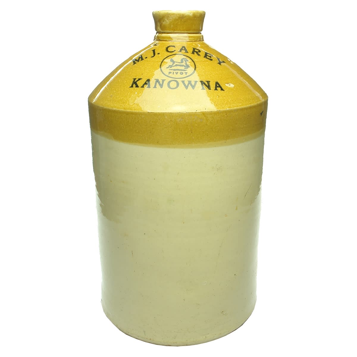 Demijohn. M. J. Carey, Kanowna. Pivot. Galloping Horse. Internal Thread. Spigot. 2 Gallon. 400 mm. (Western Australia)