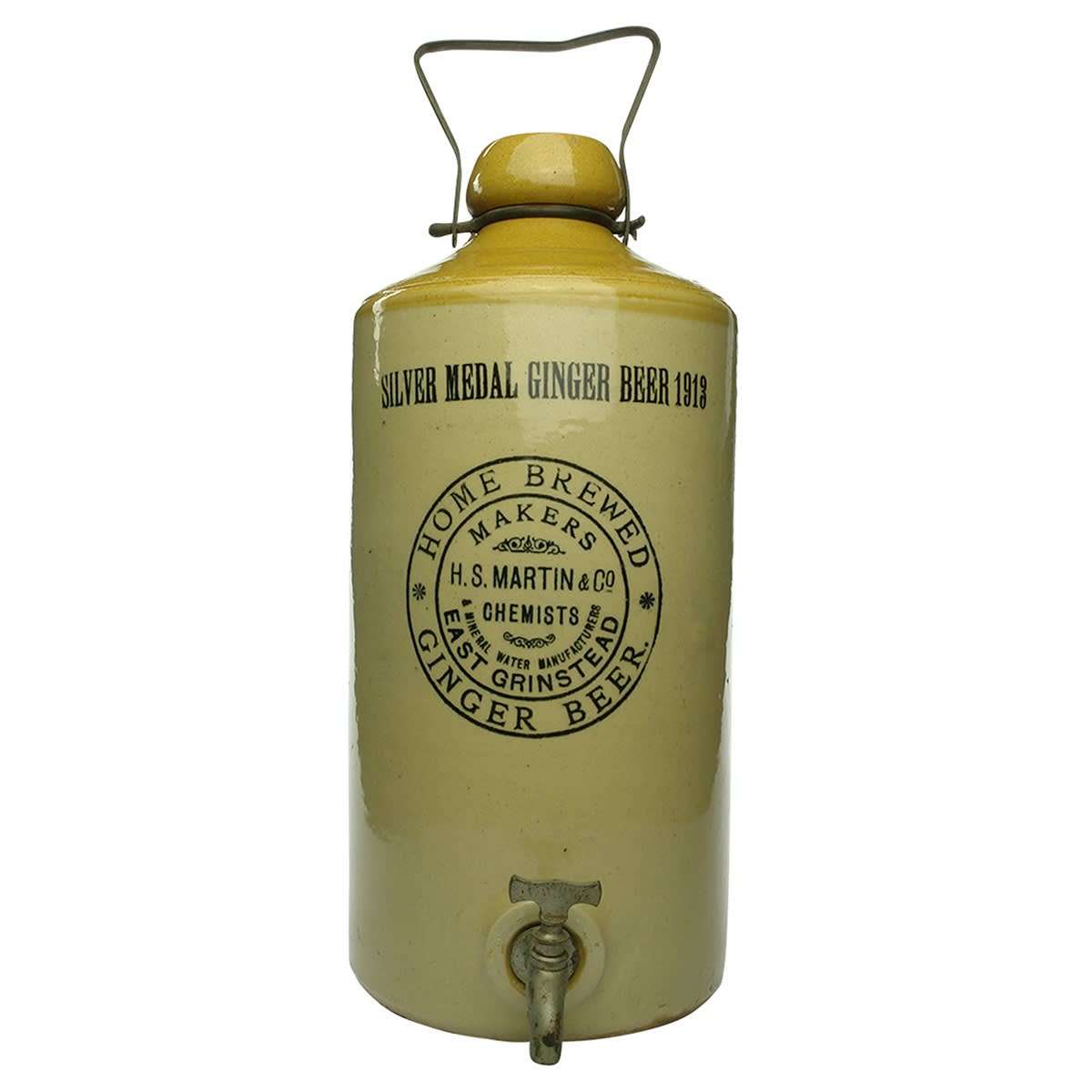 Demijohn. H. S. Martin & Co., Chemists, East Grinstead. Ginger Beer. Tan Top. Internal Thread. 2 Gallon. (United Kingdom)