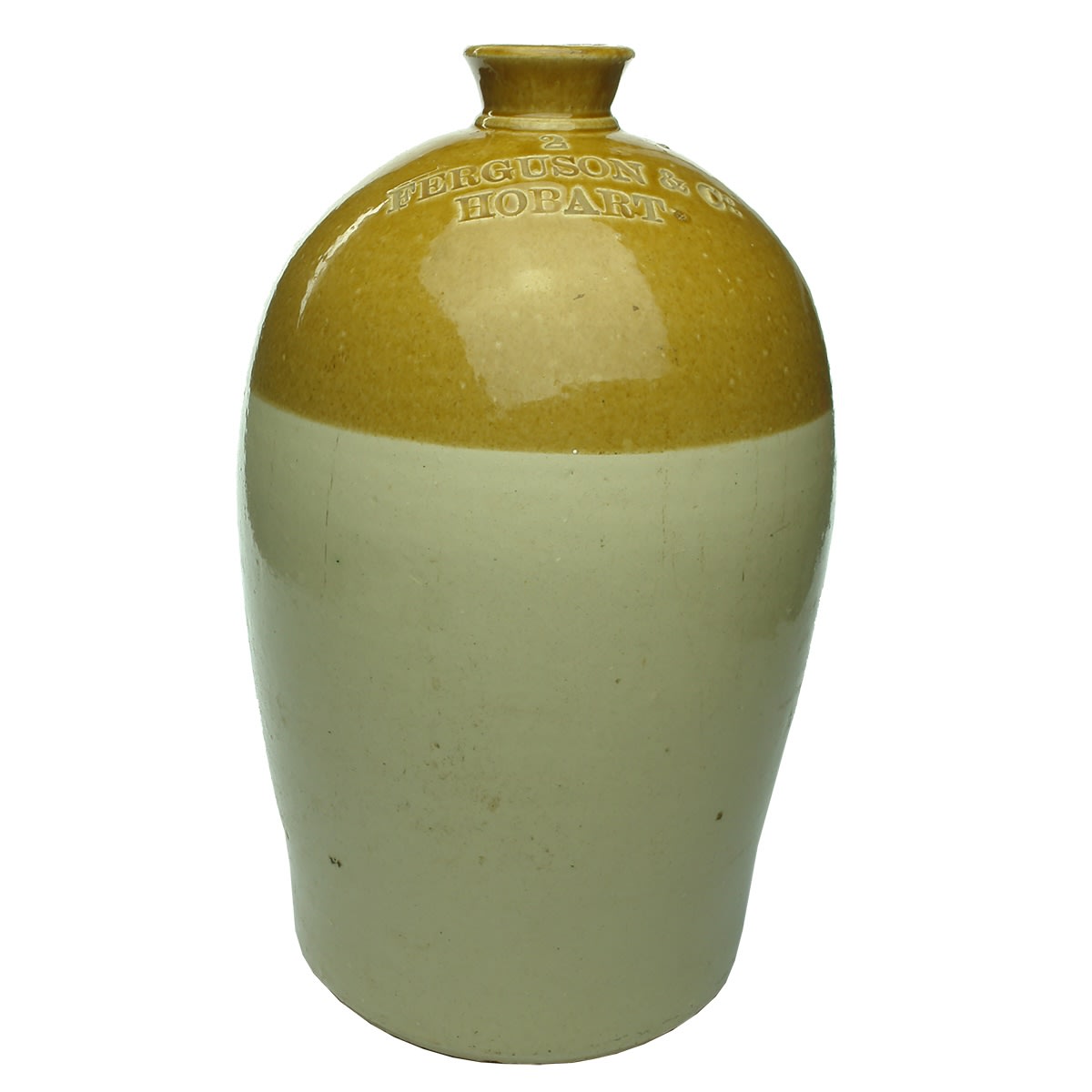 Demijohn. Ferguson & Co Hobart. Tapered shape. 2 Gallon. Kennedy Barrowfield Pottery Glasgow. (Tasmania)