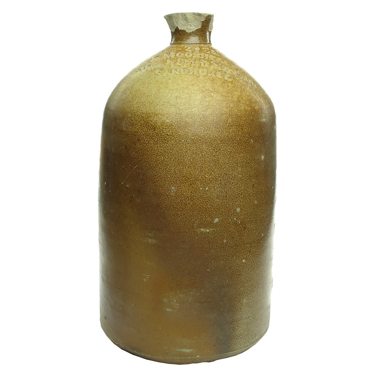 Demijohn. R. Moorhead, Wine & Spirit Merchant, Sandhurst. 2 1/2 Gallon. Salt Glaze. (Bendigo, Victoria)