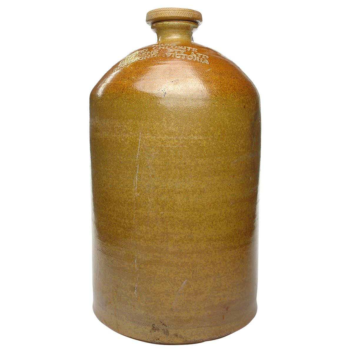 Demijohn. Dividene Pty Ltd, Richmond, Divio, Hypo Chlorite. Impressed. Salt Glaze. 2 Gallon. (Victoria)