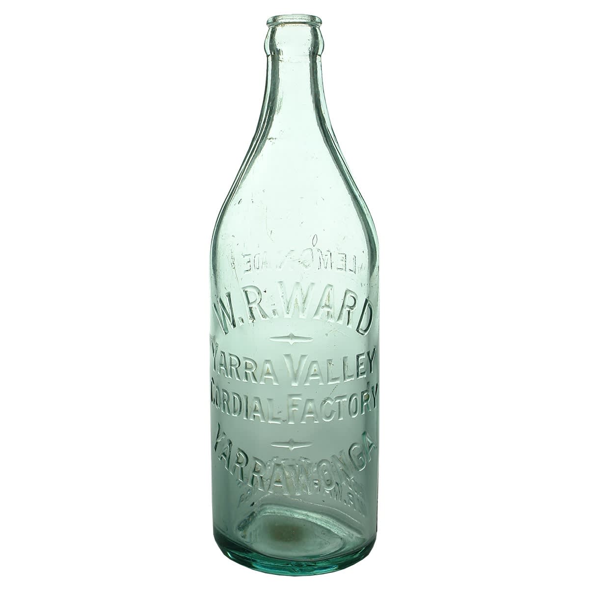 Crown Seal. W. R. Ward, Yarra Valley Cordial Factory, Yarrawonga. (Mistake bottle, should be Murray Valley Cordial Factory). Aqua. 24 oz. (Victoria)