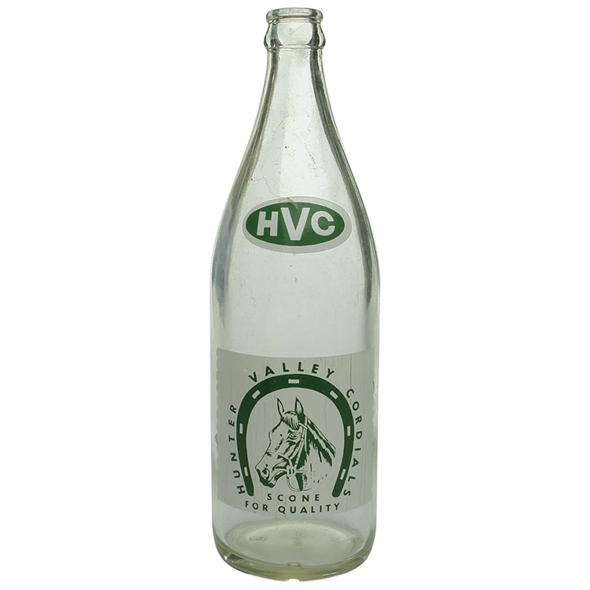 Ceramic Label. Hunter Valley Cordials, Scone. Green and white print. 24 oz. (New South Wales)