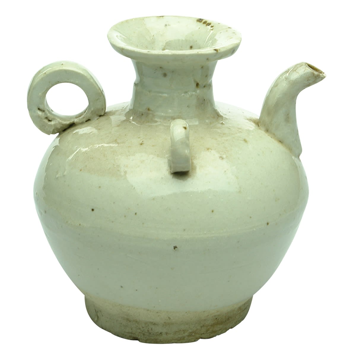 Chinese. Light grey teapot with handle, spout and two loops. (China)