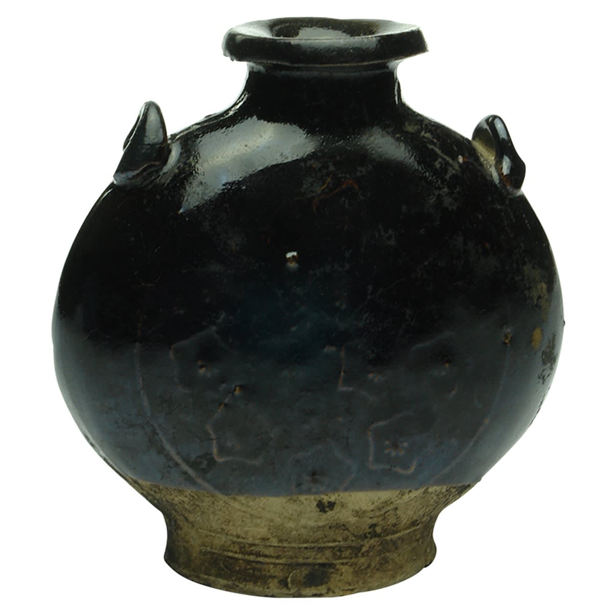 Chinese. Flat flared lip flask with loop handles and floral pattern to both sides. Chocolate glaze. (China)