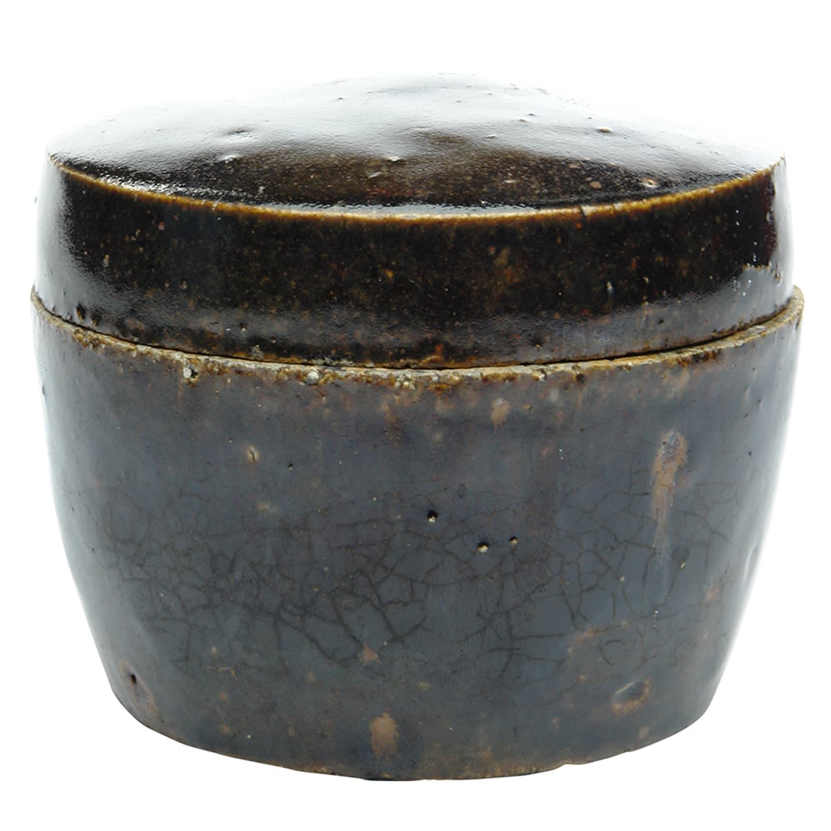 Chinese. Round Lidded Container with Chocolate Glaze. Symbol to base. 80 mm. (China)