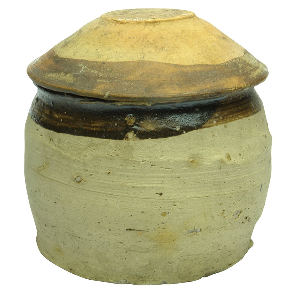 Chinese. Unglazed wide mouth jar with glazed line around underside of lip, with lid. (China)