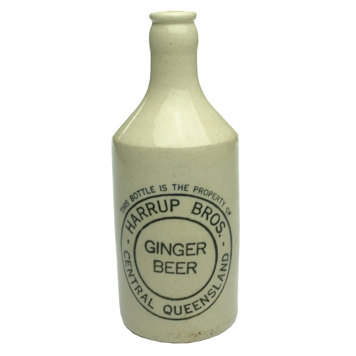 Ginger Beer. Harrup Bros., Central Queensland. All White. 10 oz. R. Fowler Ltd stamp. (Queensland)
