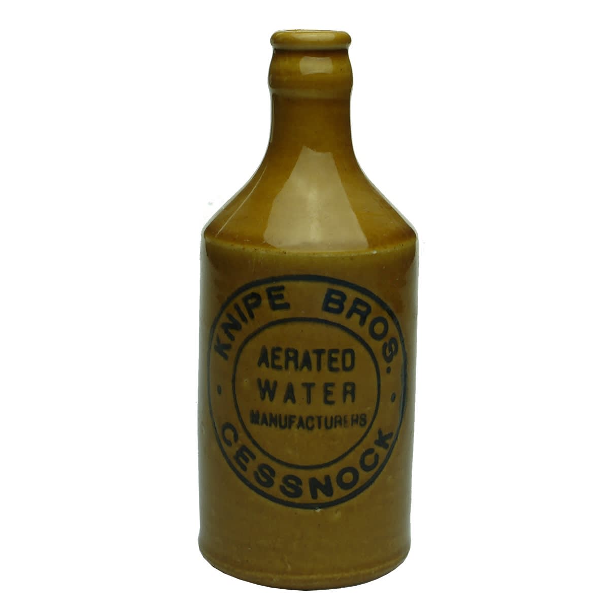 Ginger Beer. Knipe Bros., Cessnock. Fowler Pottery. All Tan. Crown Seal. (New South Wales)