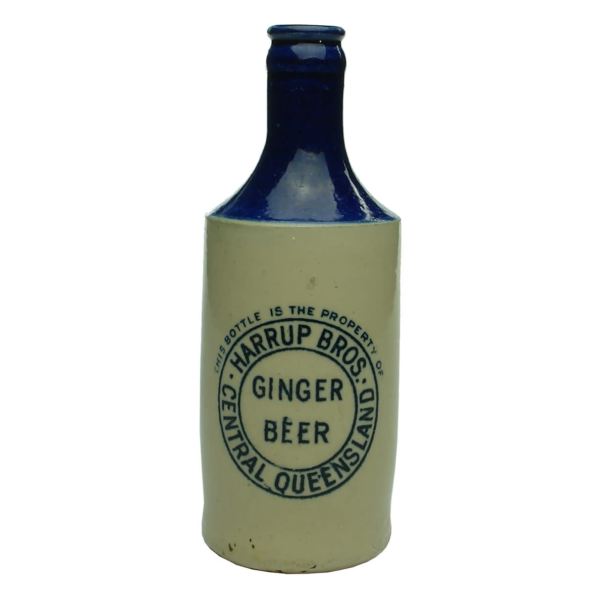 Ginger Beer. Harrup Bros., Central Queensland. Govancroft pottery. Blue top. (Queensland)