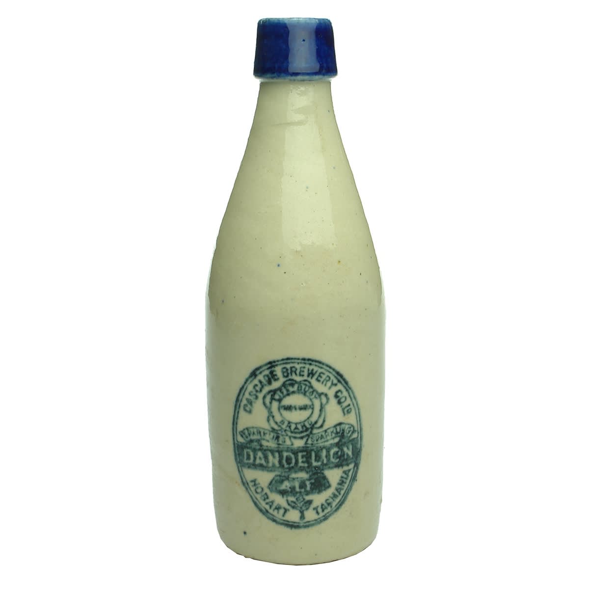 Ginger Beer. Cascade Brewery Co Ld, Hobart. Dandelion Ale. Champagne. Blue Lip. Bendigo Pottery. (Tasmania)