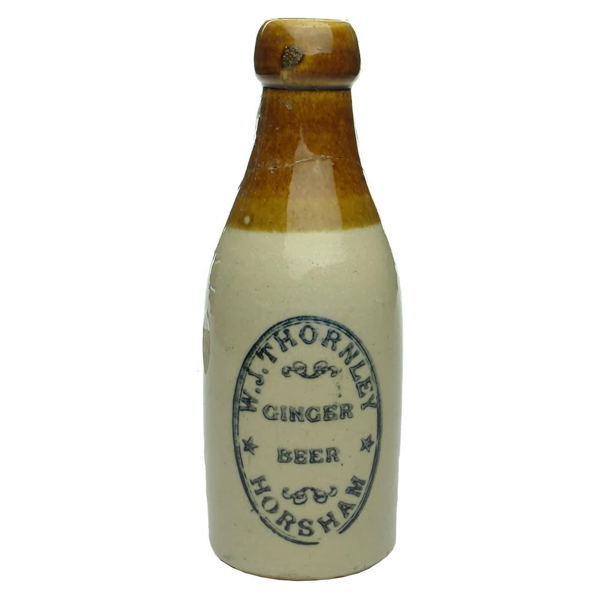 Ginger Beer. W. J. Thornley, Horsham. Small blob top type. Bendigo Pottery. (Victoria)