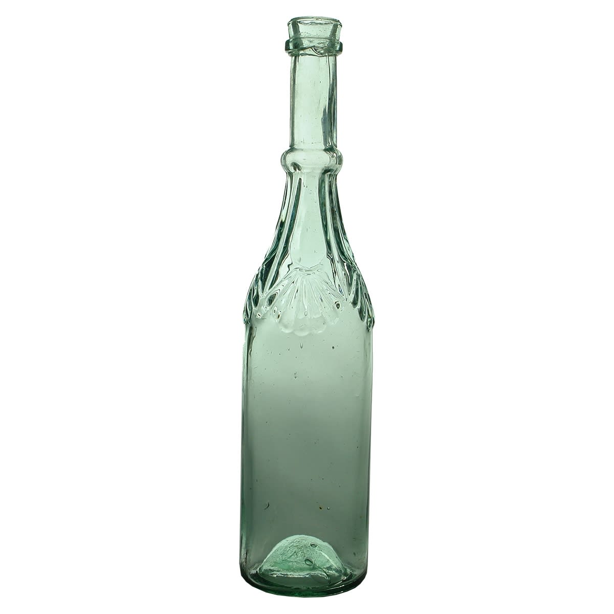 Goldfields Salad Oil. Shell Oil. Teardrop and Shell pattern around shoulder. No base mark. Flared lip. 10 oz. 267 mm.