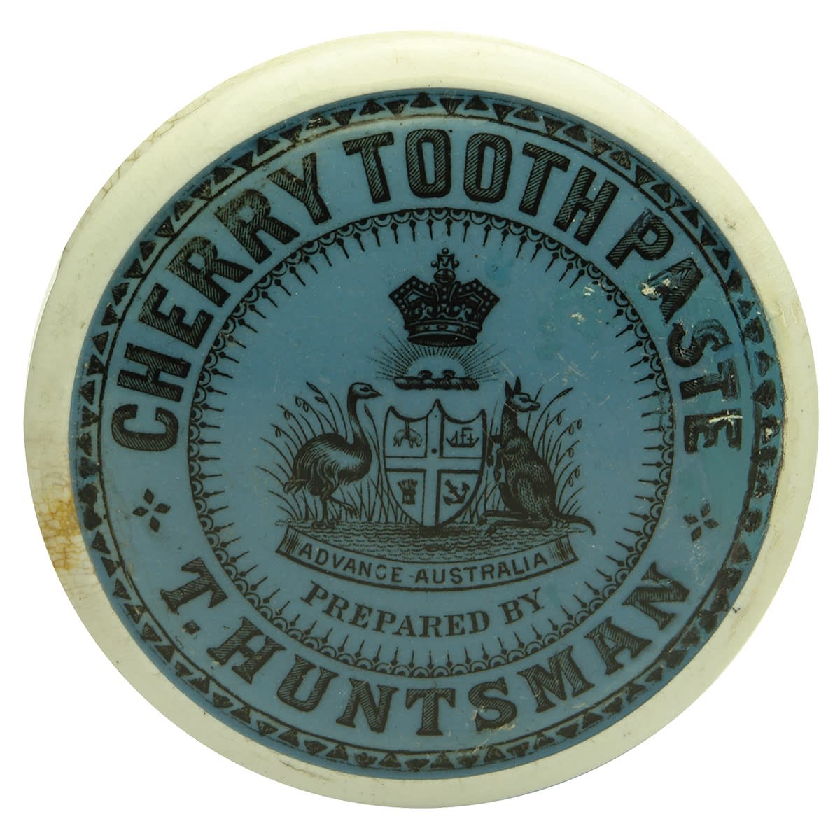 Pot Lid. T. Huntsman, Cherry Tooth Paste. Advance Australia. Unofficial Australian Coat of Arms. (Fitzroy, Victoria)
