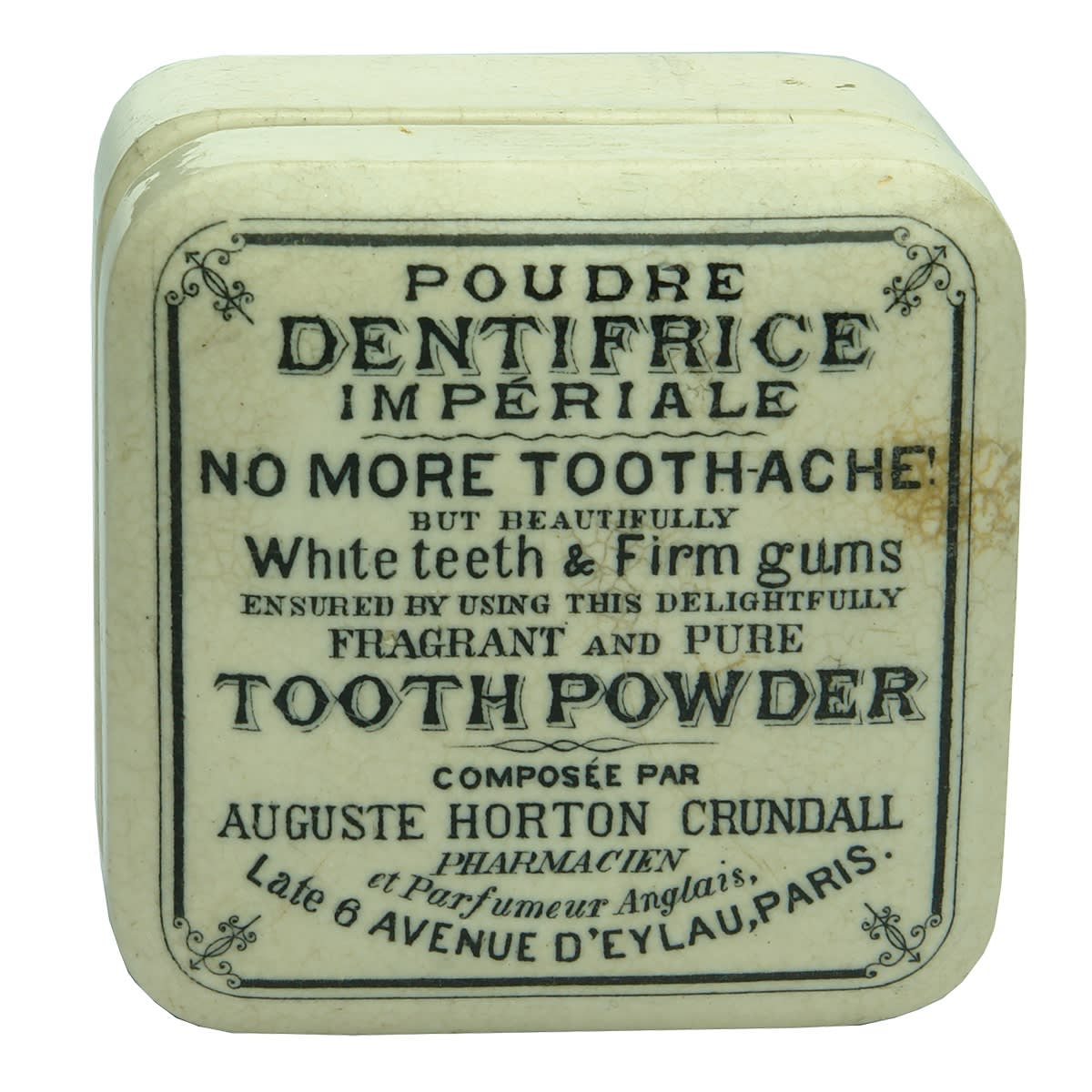 Pot Lid. Ausguste Horton Crundall. Late 6 Avenue D'Eylau, Paris. Tooth Powder. Black & White*. (Melbourne, Victoria)
