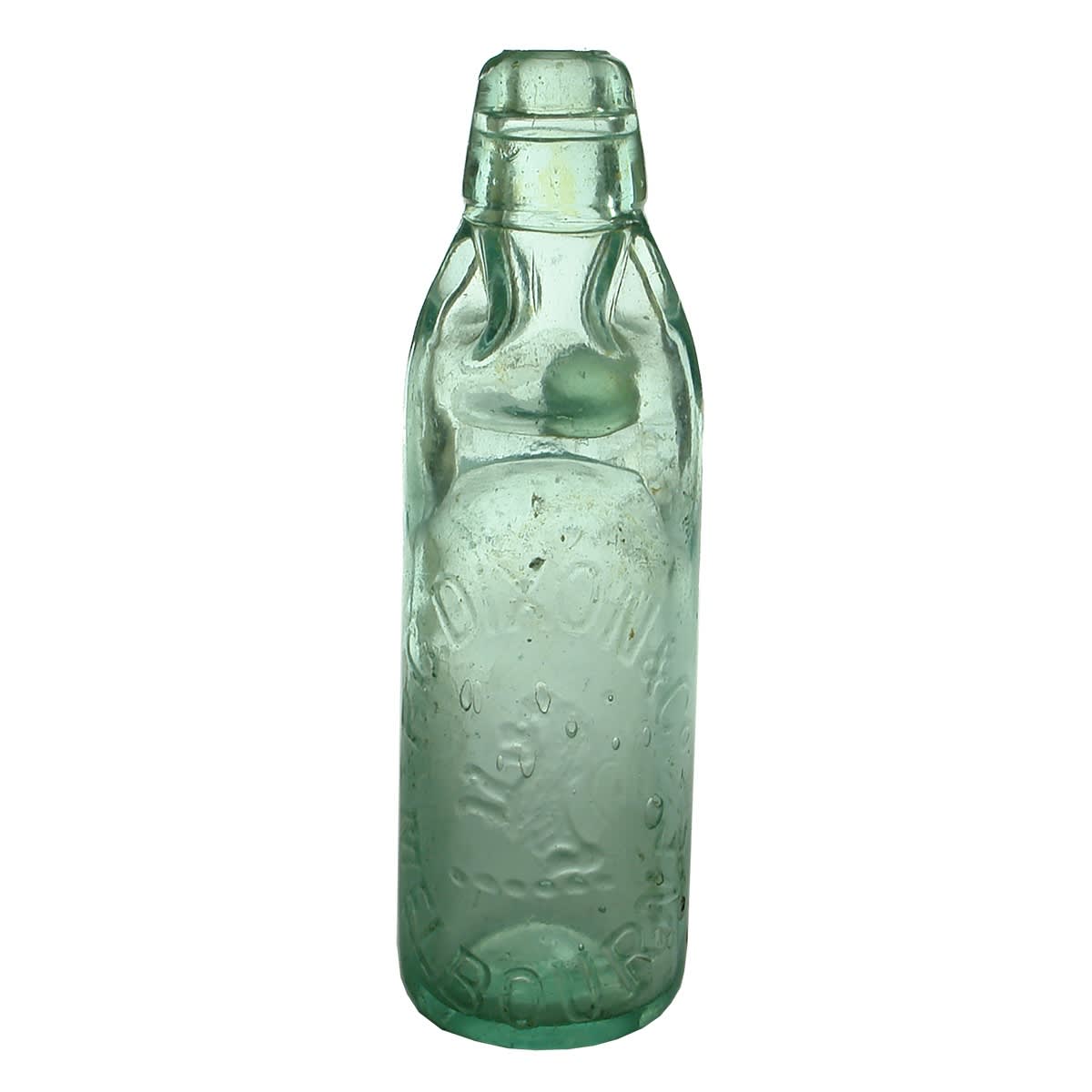 Codd. P. G. Dixon & Co, Melbourne. Stunted Niagara with Large Badge. Aqua. 6 oz. (Victoria)