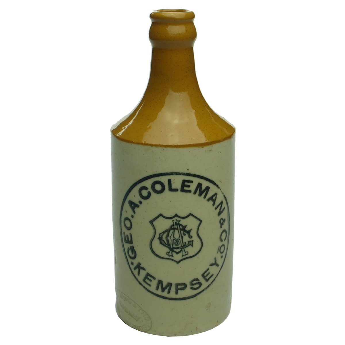 Crown Seal Ginger Beer. Geo. A. Coleman, Kempsey. Tan Top. Dump. Repaired lip chips. 10 oz. (New South Wales)