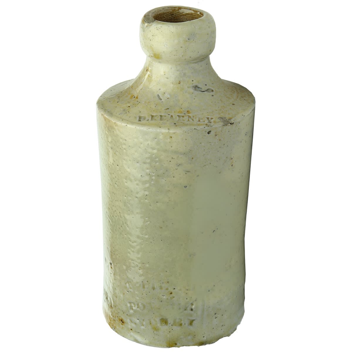 Impressed Ginger Beer. D. Kearney (in shoulder). T. Field Potter Sydney (actually stamped twice). Grey & Tan. 10 oz. (New South Wales)