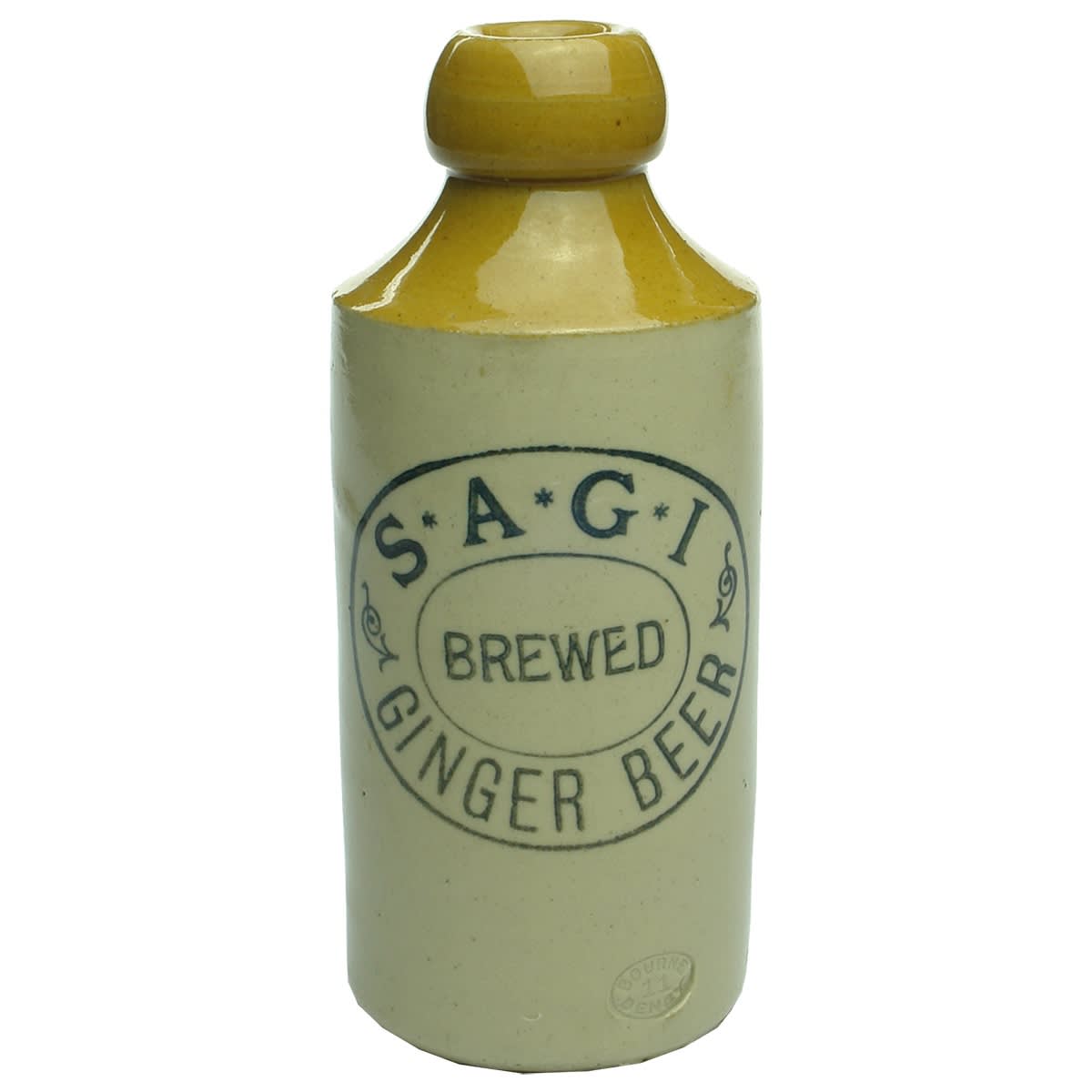 Ginger Beer. S.A.G.I. Brewed Ginger Beer. Cork Stopper. Dump. Tan Top. (South African Garrison Institutes, Pretoria)
