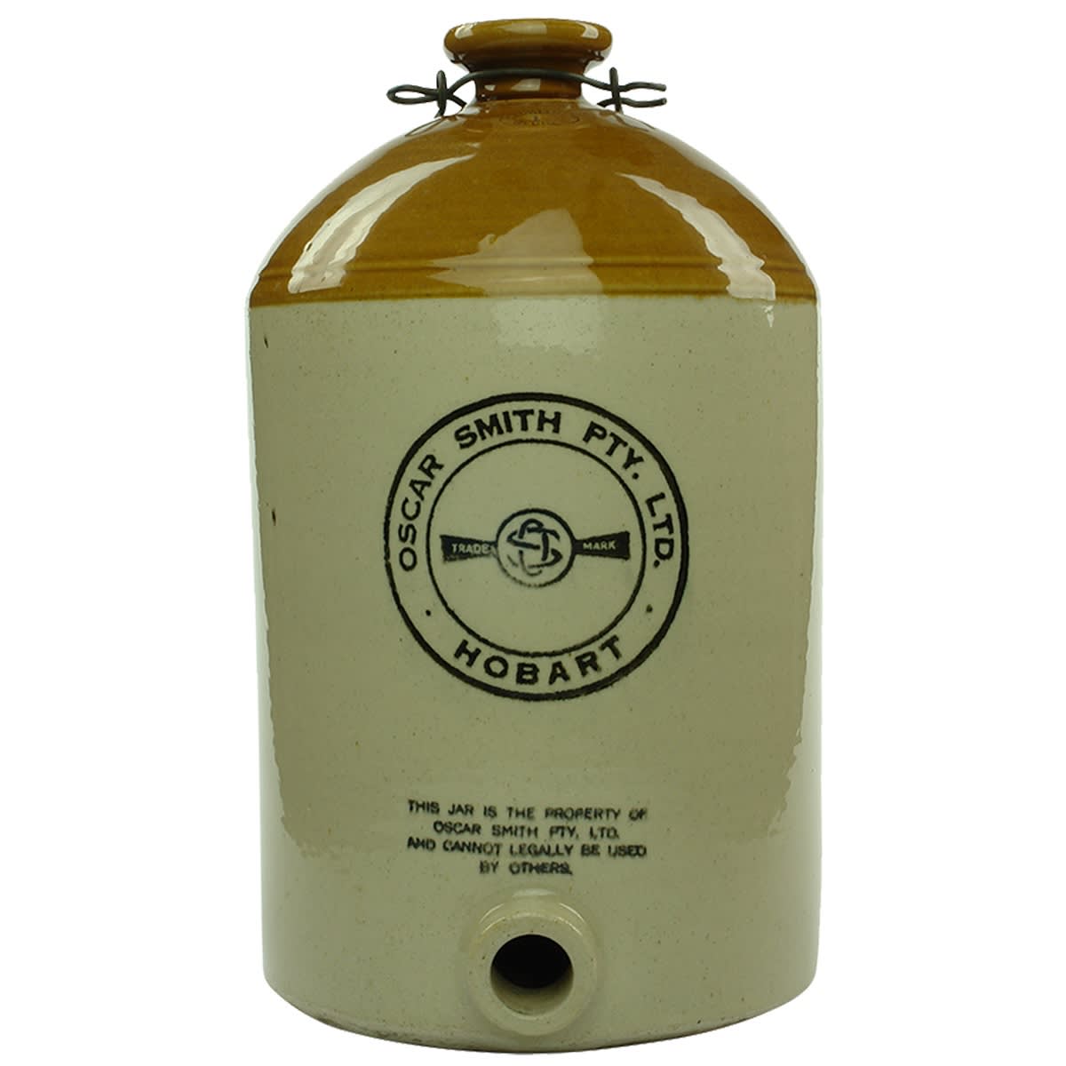 Demijohn. Oscar Smith Pty. Ltd., Hobart. Tan Top. 2 Gallon. (Tasmania)