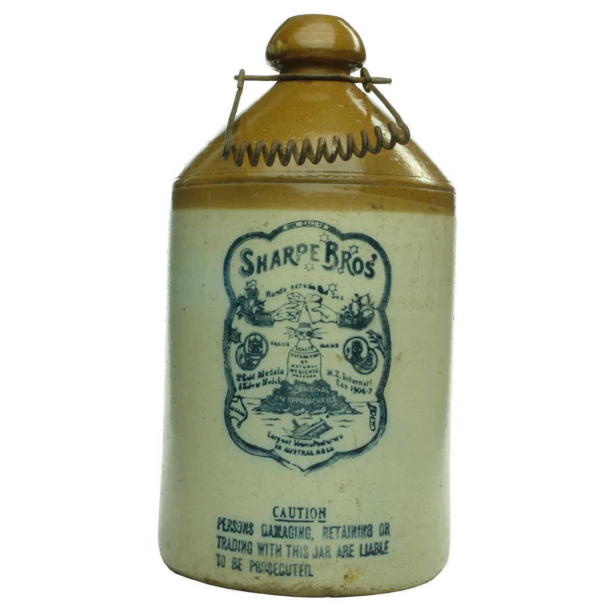 Demijohn. Sharpe Bros, Hands Across The Sea, Cartoon Style. Internal Thread. Tan Top. 1 Gallon.