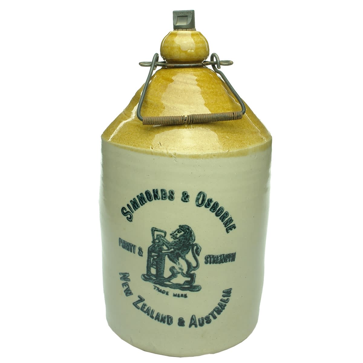 Demijohn. Simmonds & Osborne, New Zealand & Australia. Tan Top. Internal Thread. 1 Gallon.