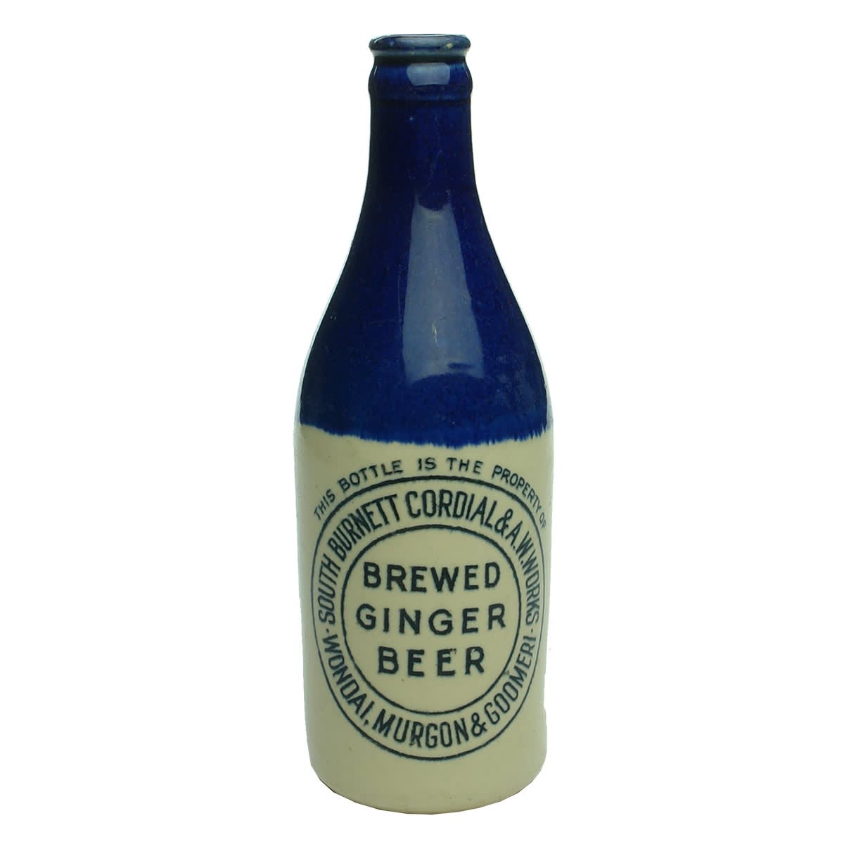 Ginger Beer. South Burnett Cordial & AW Works. Wondai, Murgon & Goomeri. Crown Seal. Blue Top. (Queensland)
