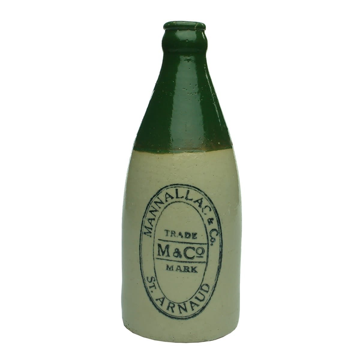 Ginger Beer. Mannallac & Co, St Arnaud. Champagne. Green Top. 10 oz. (Manallack mispelled on the bottle) (Victoria)