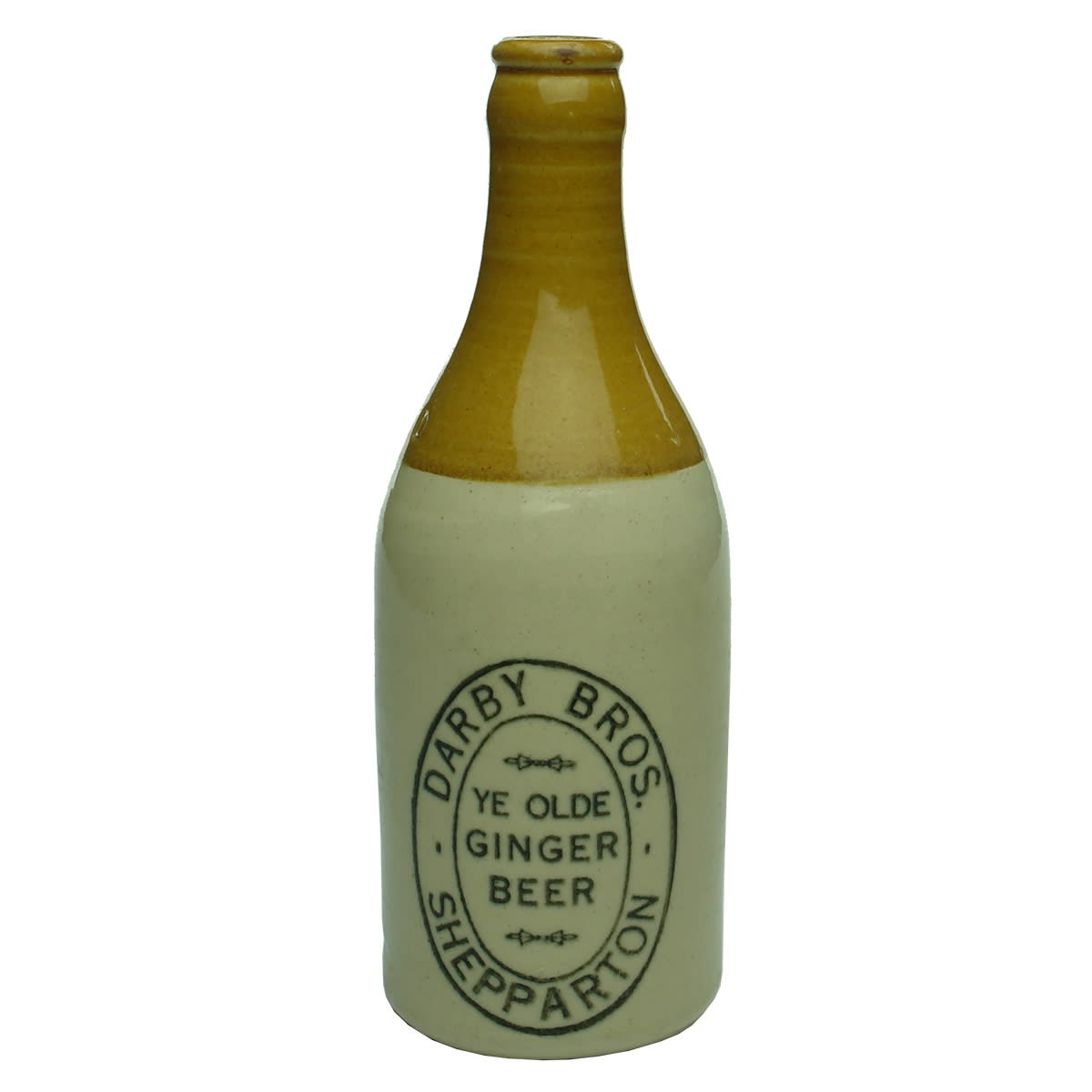 Ginger Beer. Darby Bros., Shepparton. Fowler pottery. Crown Seal. Tan Top. (Victoria)