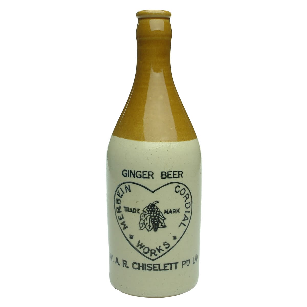 Ginger Beer. W. A. R. Chiselett Pty Ltd, Merbein Cordial Works. Grapes. Crown Seal. Tan Top. R. Fowler Ltd Sydney potter. (Victoria)
